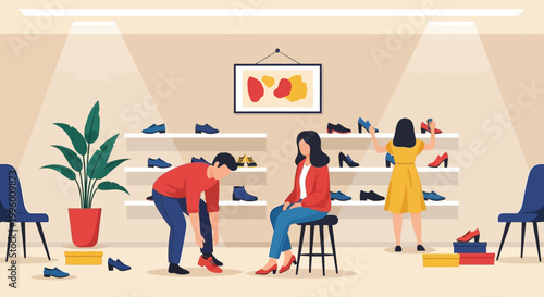 A brightly colored illustration depicts a shoe store with a customer being assisted by a saleswoman