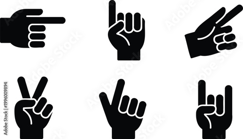 Black hand gestures icons set with different finger positions and signs  isolated on transparent background