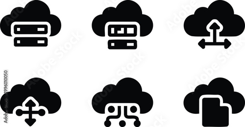 Cloud computing and data storage icons set with servers and network connections on white background