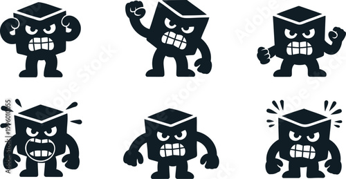 Collection of six different cartoon cube characters with various angry and frustrated expressions and gestures  isolated on white background