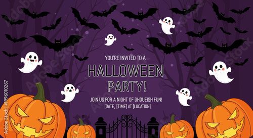 Spooky Halloween Party Invitation with Pumpkins, Ghosts, and Bats on Purple Background