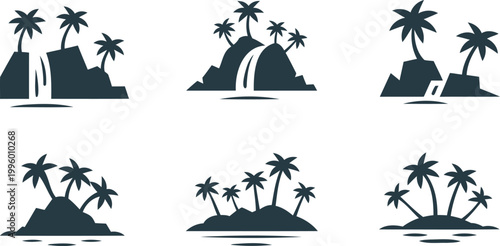 Tropical island silhouettes with palm trees and rocky shores in various scenic views  serene landscape designs