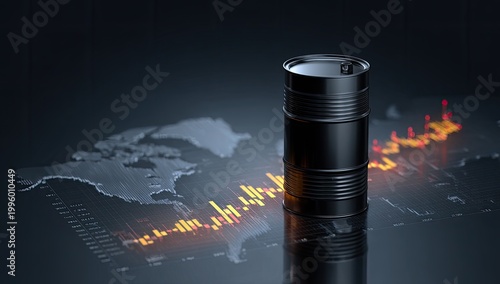 Global Oil Market Volatility and Economic Impact Illustrated by Oil Barrel and Financial Chart.