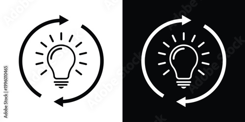 A lightbulb icon enclosed in a circular arrow, symbolizing energy efficiency, recycling, sustainability, continuous improvement, and the cycle of innovative ideas, flat vector style.