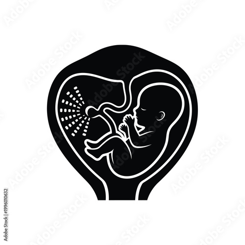 Black and white fetus illustration.