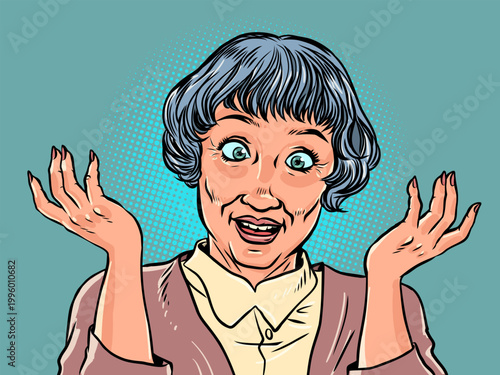 The woman spread her hands in surprise. Incredible promotions and offers, discounts. A happy customer after a purchase.