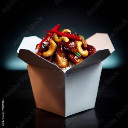 Chinese chicken and cashew nut dish served in a takeout box with rice chinese food cashew nuts