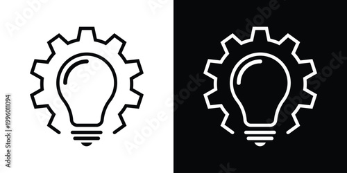 A lightbulb set inside a large gear cog, representing engineering solutions, industrial innovation, technical creativity, and the power of smart ideas in a simple, flat vector icon.