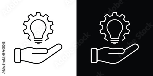 A hand holding a lightbulb integrated with a gear, symbolizing technical support, innovation, maintenance, and expert service in a flat, minimalist vector icon style.
