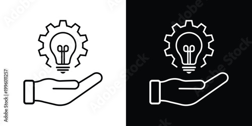A hand holding a lightbulb integrated with a gear, symbolizing technical support, innovation, maintenance, and expert service in a flat, minimalist vector icon style.