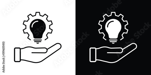 A hand holding a lightbulb integrated with a gear, symbolizing technical support, innovation, maintenance, and expert service in a flat, minimalist vector icon style.
