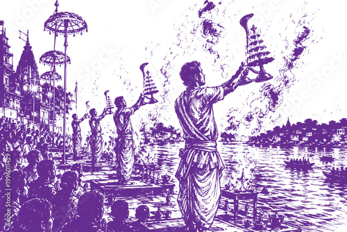 Ganga Aarti Monochrome Sketch at Varanasi Ghats Traditional Hindu Ritual Spiritual India