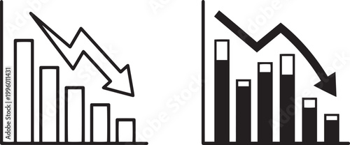 Flat vector icon set featuring bar charts with downward arrows representing financial loss market recession business decline and negative economic data statistics