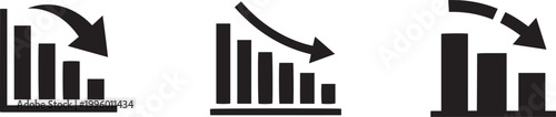 Flat vector icon set featuring bar charts with downward arrows representing financial loss market recession business decline and negative economic statistics