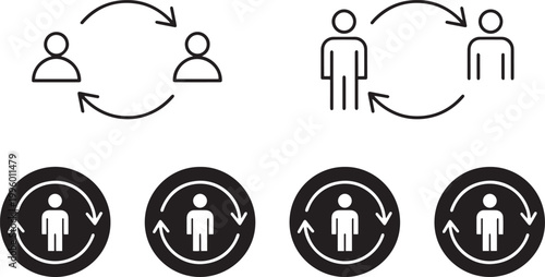 Flat vector icon set featuring business person silhouettes in circular networks representing professional social connection teamwork community and corporate organizational structure management