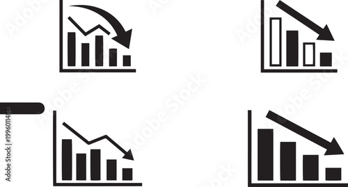 Flat vector icon set featuring business professional silhouettes in circular networks and bar charts representing teamwork communication financial loss and market statistics
