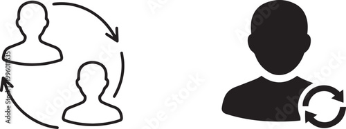 Flat vector icon set featuring business silhouettes with circular arrows representing professional staff rotation social networking exchange and human resource management