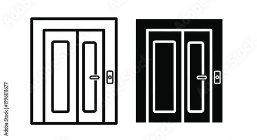 A minimalist depiction of elevator doors in both a white and black color scheme side by side