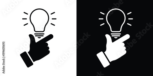 Vector icon depicting a hand gesture activating a glowing lightbulb. Represents sudden inspiration, a lightbulb moment, quick creative ideas, achieving success, and smart, fast thinking.