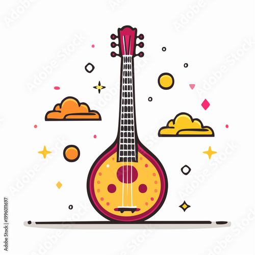 Stylized Illustration of a Bouzouki with Clouds and Stars