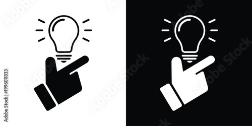 Vector icon depicting a hand gesture activating a glowing lightbulb. Represents sudden inspiration, a lightbulb moment, quick creative ideas, achieving success, and smart, fast thinking.
