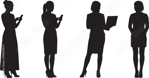 Flat vector icon set featuring business women silhouettes with laptops and phones plus professional person icons for staff rotation and communication