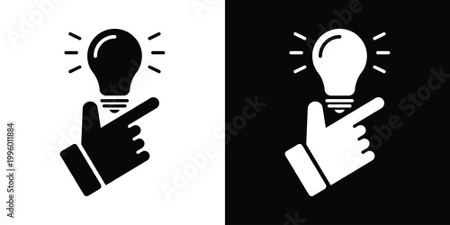 Vector icon depicting a hand gesture activating a glowing lightbulb. Represents sudden inspiration, a lightbulb moment, quick creative ideas, achieving success, and smart, fast thinking.