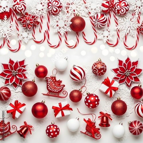 Vibrant collection of classic red and white Christmas ornaments and festive decorations beautifully arranged on a bright background, perfect for holiday season celebrations and seasonal greetings