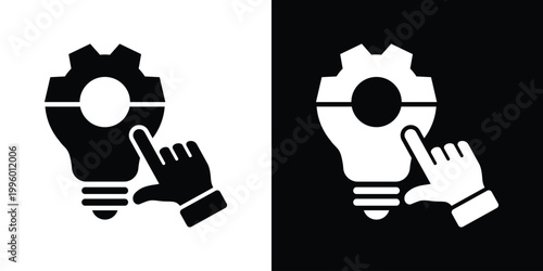 Flat icon of a hand selecting a gear-shaped lightbulb. Ideal for concepts of technical support, engineering solutions, manual control over innovation, and smart, efficient manufacturing processes.