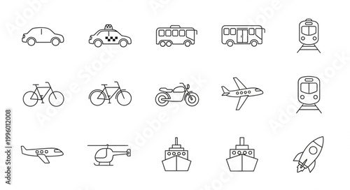 Collection of Hand Drawn Transportation Icons in Black and White.