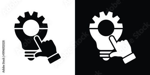 Flat icon of a hand selecting a gear-shaped lightbulb. Ideal for concepts of technical support, engineering solutions, manual control over innovation, and smart, efficient manufacturing processes.