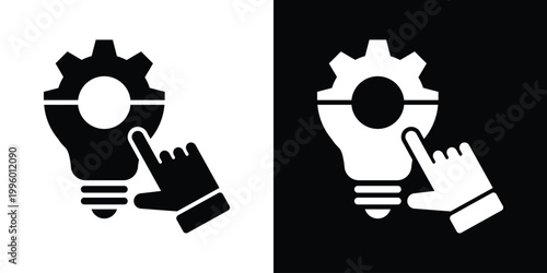 Flat icon of a hand selecting a gear-shaped lightbulb. Ideal for concepts of technical support, engineering solutions, manual control over innovation, and smart, efficient manufacturing processes.