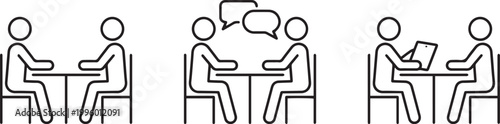Flat vector icon set of business professional silhouettes in circular networks and line art people sitting at desks for job interview communication