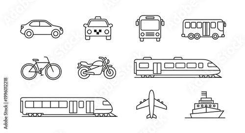 Collection of Transportation Icons Vector Line Art.