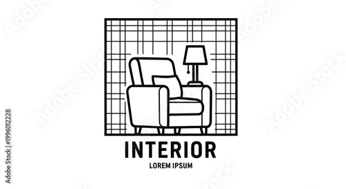 A minimalist black and white line drawing depicts a comfortable armchair and table lamp within a gridded interior space