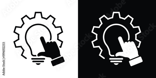 Vector illustration of a hand pointing at a lightbulb inside a gear cog. Symbolizes interaction with technology, choosing technical innovations, and the connection between humans and mechanics.