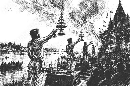 Ganga Aarti Monochrome Sketch at Varanasi Ghats Traditional Hindu Ritual Spiritual India