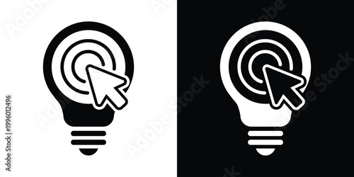Vector icon showing a computer mouse cursor clicking on a lightbulb. Represents digital choice, selecting the best idea, online brainstorming, user interaction, and interactive innovation strategies.