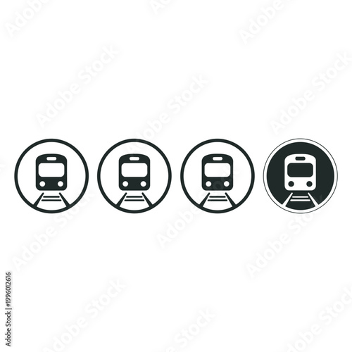 Train icons set with different circular frames including solid fill outline and detailed artistic variations on transparent background.