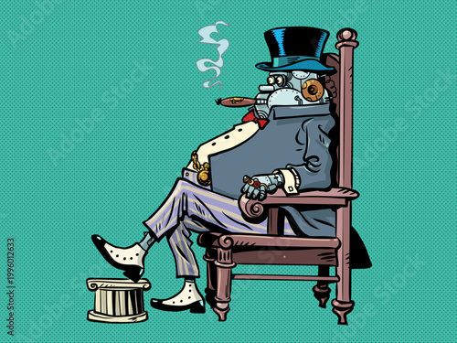 A robot gentleman in a top hat. The power of artificial intelligence. A vintage robot aristocrat.