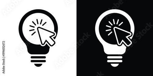 Vector icon showing a computer mouse cursor clicking on a lightbulb. Represents digital choice, selecting the best idea, online brainstorming, user interaction, and interactive innovation strategies.