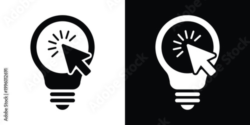 Vector icon showing a computer mouse cursor clicking on a lightbulb. Represents digital choice, selecting the best idea, online brainstorming, user interaction, and interactive innovation strategies.