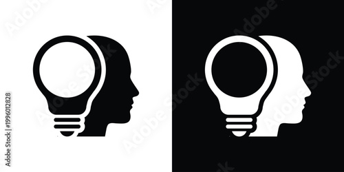 Minimalist icon of a human head silhouette containing a glowing lightbulb. Symbolizes creativity, deep thinking, insight, brainstorming, mental clarity, and intellectual development for education.