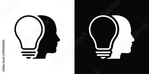 Minimalist icon of a human head silhouette containing a glowing lightbulb. Symbolizes creativity, deep thinking, insight, brainstorming, mental clarity, and intellectual development for education.