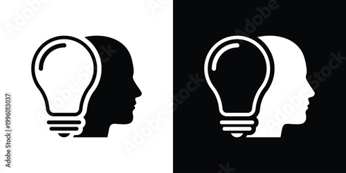 Minimalist icon of a human head silhouette containing a glowing lightbulb. Symbolizes creativity, deep thinking, insight, brainstorming, mental clarity, and intellectual development for education.