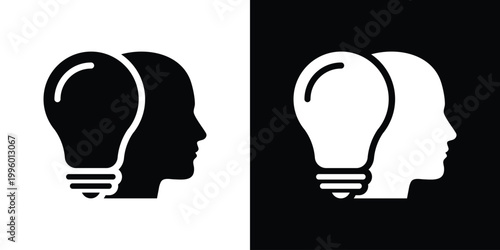 Minimalist icon of a human head silhouette containing a glowing lightbulb. Symbolizes creativity, deep thinking, insight, brainstorming, mental clarity, and intellectual development for education.