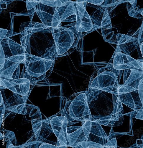 Abstract fractal texture. White-blue light transparent veils create a pattern on a black background. 3D rendering. 3D illustration.