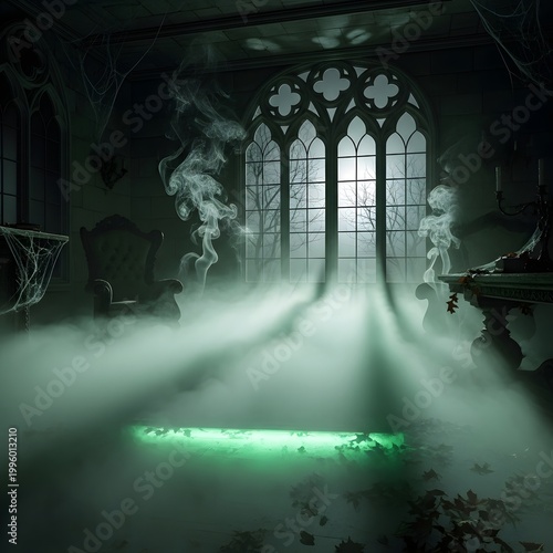 Mysterious gothic room bathed in eerie green light with smoke swirling around fallen leaves and cobwebs