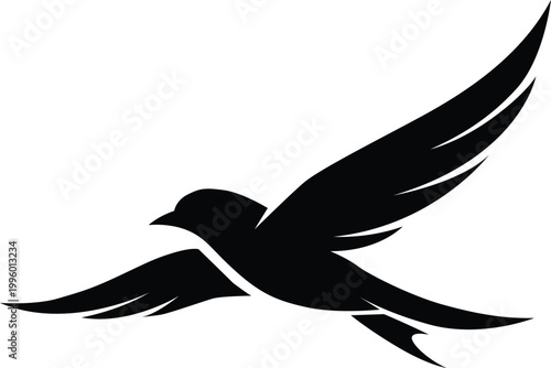 A sleek black silhouette of a bird in dynamic flight