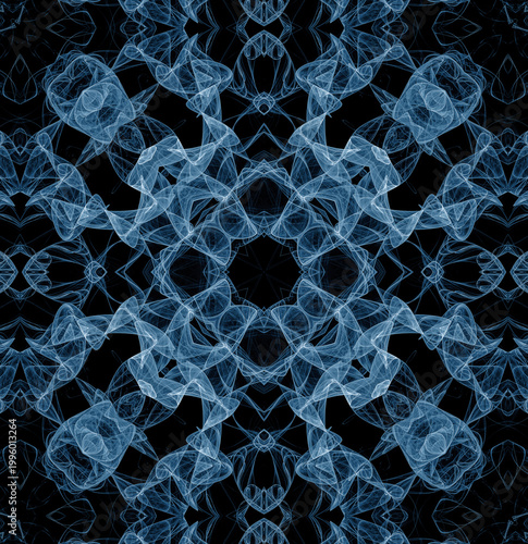 Abstract seamless fractal flying rhythmic pattern on a black background. Openwork transparent veils diverge from the center to the sides. 3D rendering. 3D illustration.